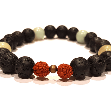 Close up of Handmade Strengthening Bracelet – Lava, Amazonite & Rudraksha with white background